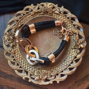 Black Leather and Gold Chain Bracelet